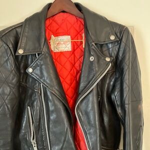 Avia Black Leather Motorcycle-Style Jacket with Red Quilted Lining
